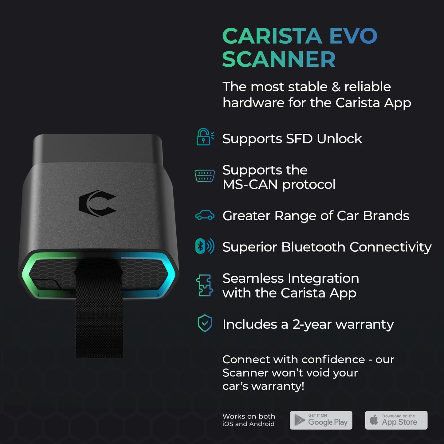 A modern OBD2 car diagnostic scanner with a compact black design and illuminated edges. The device features Bluetooth connectivity, supports multiple vehicle protocols, and works with a dedicated mobile app for diagnostics and customization.