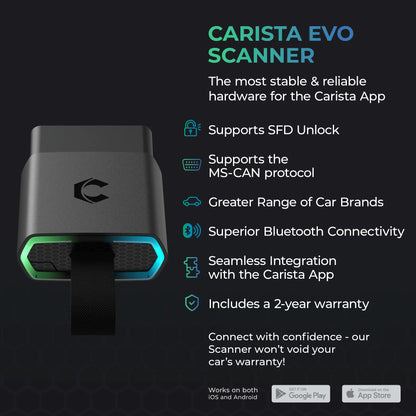 A modern OBD2 car diagnostic scanner with a compact black design and illuminated edges. The device features Bluetooth connectivity, supports multiple vehicle protocols, and works with a dedicated mobile app for diagnostics and customization.