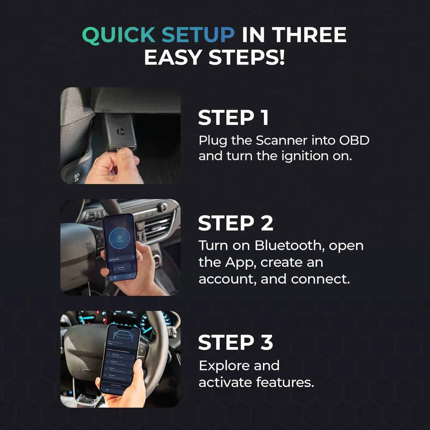 Step-by-step Carista installation guide featuring three images: inserting the scanner into the OBD port, pairing it with the app via Bluetooth, and accessing vehicle features.